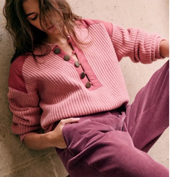 Sezane Sweaters - SEZANE Pink Wool Cotton Knit Quarter Button Pullover Sweater Pull Ewen Jumper